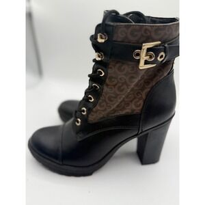Guess Heeled Ankle Boots Lace Up Buckle Detail Logo Accent Black Size 7.5
